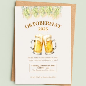 Könnte beinhalten: Oktoberfest-Einladung mit dem Text "OKTOBERFEST 2025" und "Hebt ein Bierglas und feiert mit Bier, Brezeln und guter Laune!" Zwei Bierkrüge sind abgebildet. Die Einladung enthält Veranstaltungsdetails: Samstag, 7. Oktober 2025, 18:00 Uhr - Spät, The Biergarten, Main Street.
