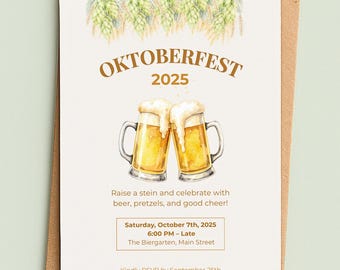 Utskrivbar Oktoberfest-inbjudan - Ölfestinbjudan med akvarellmuggar och humle (anpassningsbar digital redigerbar Canva-mall)