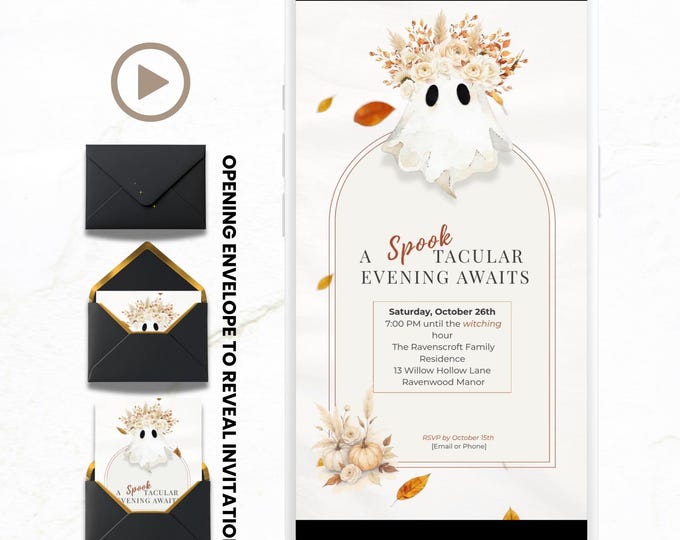Halloween Digital Evite, Animated Halloween Party Invitation, Editable Canva Template, Black and Gold Ghost Invitation, Elegant Fall Invite