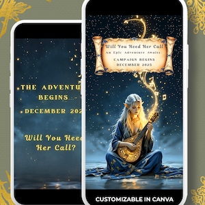 May include: Animated digital invite for D&D campaigns and fantasy adventures. The invite features a fantasy illustration of a woman playing a lute. Text on the invite reads "Will You Heed Her Call?" and "Campaign Begins December 2025". The invite is customizable in Canva.