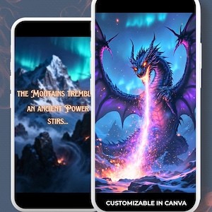 May include: Two smartphones displaying fantasy art. One shows a mountain scene with text: "The Mountains Trembl, An Ancient Power Stirs...". The other features a purple dragon breathing a beam of light. Text at the top reads: "Animated Digital Invite for D&D Campaigns & Fantasy Adventures."