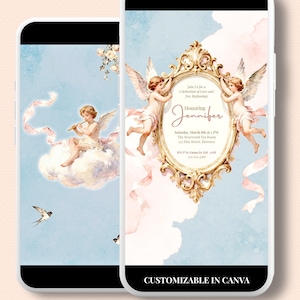 Può includere: Due smartphone mostrano un invito per un baby shower. Il design presenta cherubini, cornici dorate ornate e sfondi ad acquerello nei toni del blu e del rosa. Il testo include "Animated Digital Rococo Cherub Baby Shower Invite" e "Customizable in Canva."