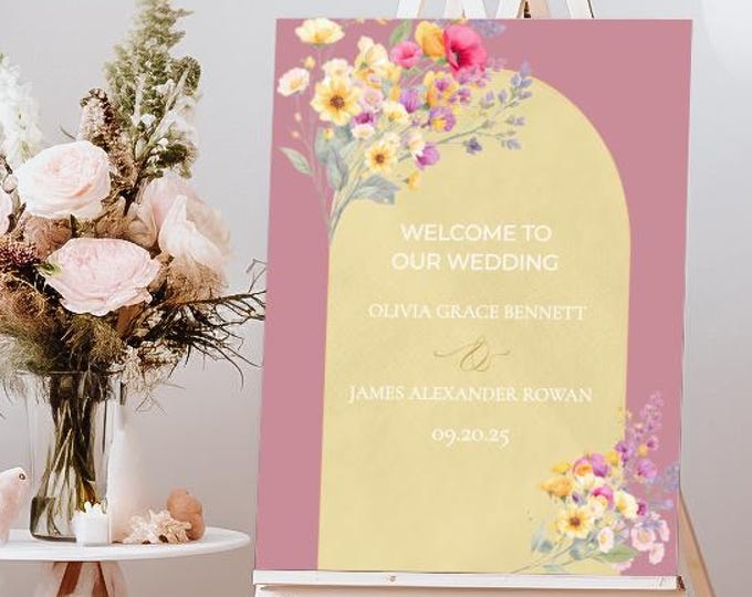 Romantic Wedding Welcome Sign Template Editable, Modern Vintage Garden Romance Canva Sign, Soft Floral Printable Wedding Stationary