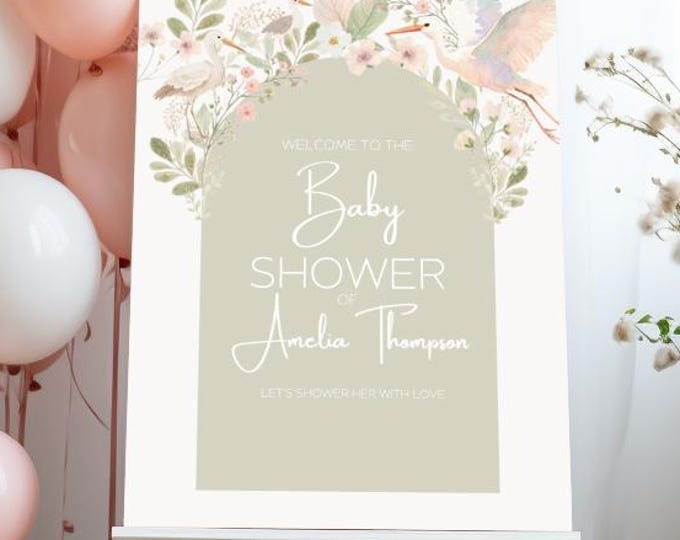 Gender Neutral Baby Shower Welcome Sign Template Editable, Watercolor Stork Design Stationary, Canva Printable Invite Shower Planning
