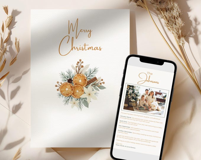 Editable Christmas Card with Newsletter - Cozy Rustic Holiday Card Template, Canva Printable, Family Photo Update, Digital Greeting