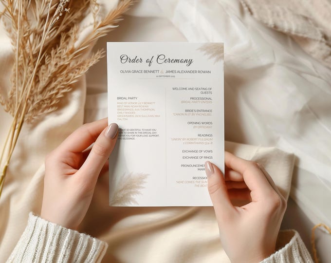 Order of Service Wedding Template - Pampas Grass Ceremony Program - Editable Canva Wedding Program - Boho Minimalist Design