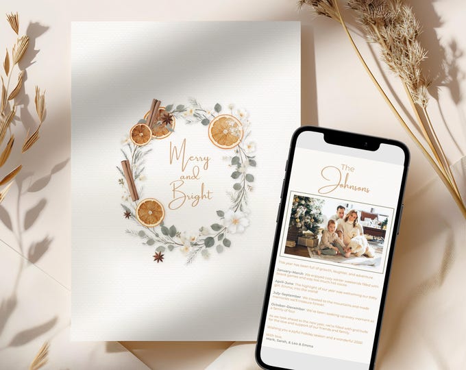 Editable Christmas Card with Newsletter - Botanical Orange Wreath Holiday Card Template, Canva Printable or Digital Family Greeting
