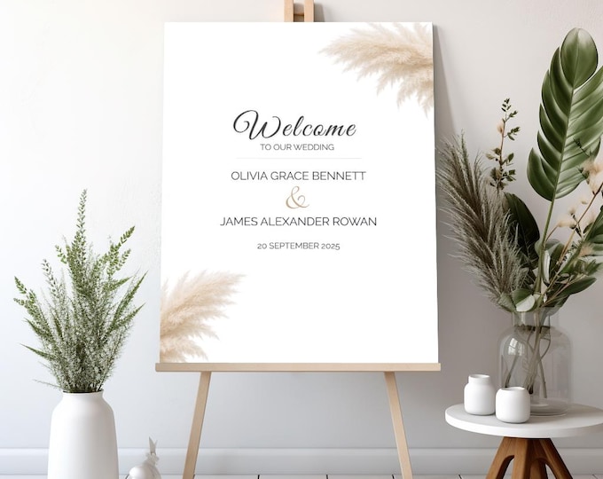 Wedding Welcome Sign Template Editable - Pampas Grass Boho Printable - Canva Wedding Sign - Elegant Modern Signage