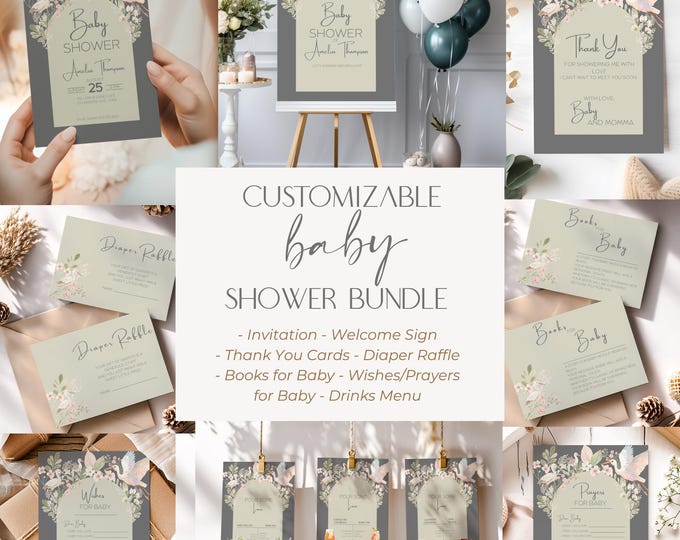 Digital Shower Template Baby Invitation Design Package Party Decoration Floral Accent Sage Green Nursery Theme Baby Shower Gift Set Canva