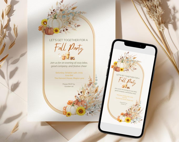 Printable Fall Party Invitation - Autumn Dinner Party Invite with Pumpkins & Florals (Digital Editable Canva Template)