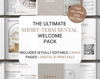 Op de afbeelding: Een digitaal en printbaar welkomstpakket voor kortetermijnverhuur met 12 bewerkbare Canva-pagina's. Het ontwerp bevat een welkomstbord, richtlijnen en contactgegevens. Perfect voor Airbnb-, VRBO- en Booking.com-verhuur.