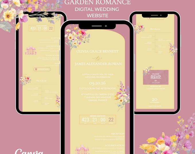 Digital Wedding Invitation Website Customizable Clickable RSVP Save the Date Canva Editable Online Wedding Registry Form Countdown Timer