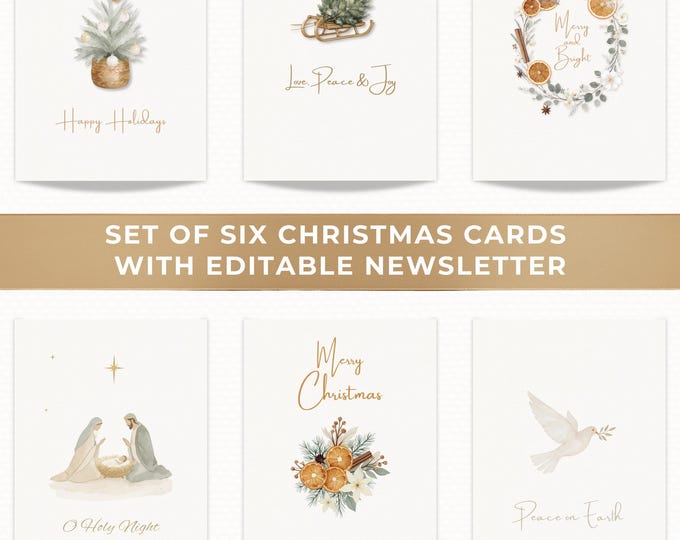 Christmas Card Bundle with Newsletter - 6 Editable Canva Templates, Printable or Digital Holiday Cards with Family Photo Update