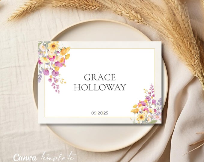 Watercolor Place Setting Table Card Design Template Wedding Download Digital File Format Canva Wedding Card Table Name Tag Elegant Dinner