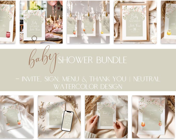 Gender Neutral Baby Shower Mini Bundle Custom, Invitation, Welcome Sign, Drinks Menu & Thank You Card, Watercolor Stork Theme, Canva