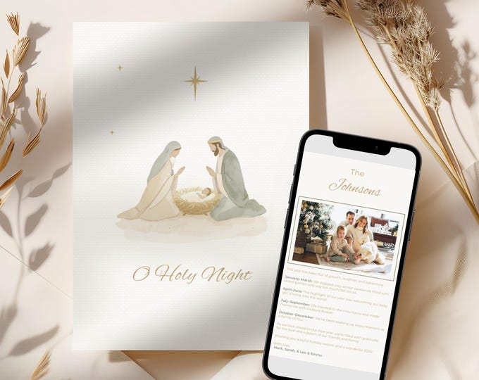 Editable Christian Christmas Card with Newsletter - O Holy Night Nativity Canva Template, Printable or Digital Holiday Greeting