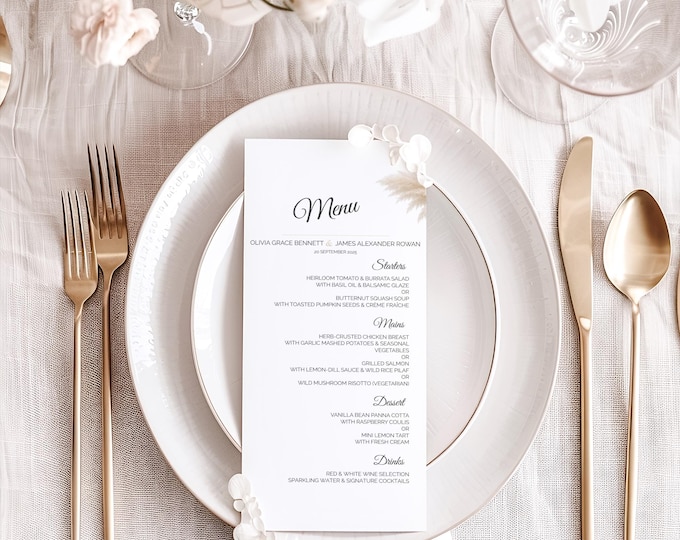 Wedding Menu Template Editable - Pampas Grass Boho Canva Design - Printable Neutral Wedding Dinner Menu - Modern Reception Sign