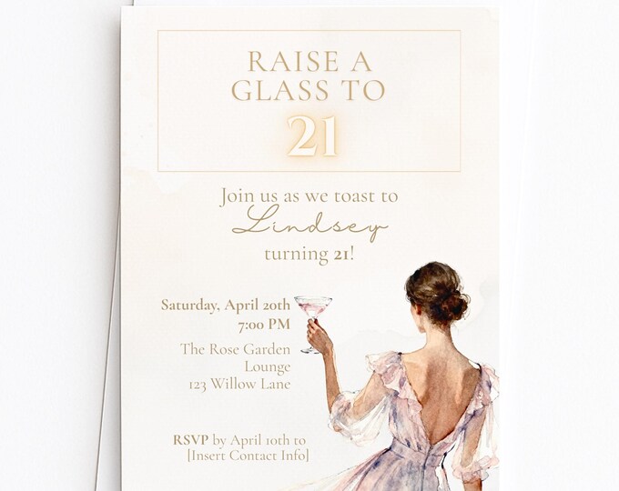 21st Birthday Invitation (Editable Instant Download Canva Template) - Raise a Glass Champagne Printable - Digital Invite Customizable Evite