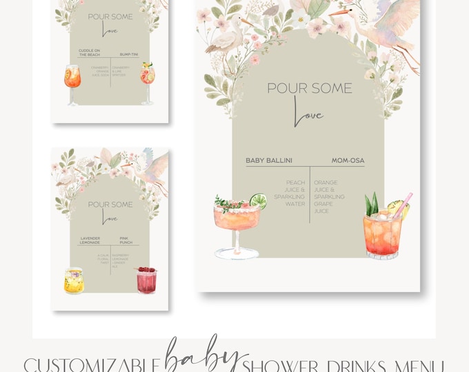 Baby Shower Menu Design Template Digital Download Drink Sign for Party Drink Station Bar Decor Floral Design Canva Template Editable File