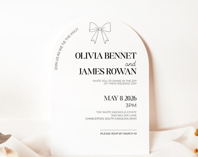Modern Arch Wedding Invitation (Instant Download Editable Canva Template), Printable Digital Invite, Minimalist Elegant Bow Design