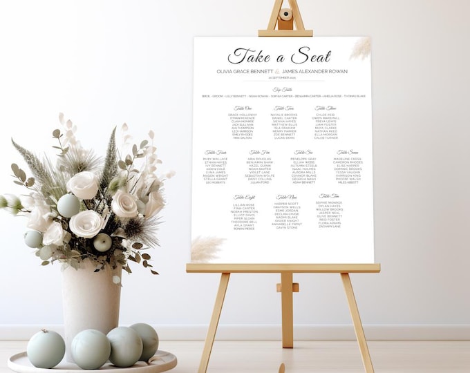 Wedding Seating Chart Template Editable - Pampas Grass Canva Sign - Boho Neutral Table Plan - Printable Wedding Signage