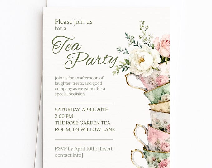 Tea Party Invitation Template, Editable Canva Invite, Floral Teacup Printable, Garden Party, Bridal Evite, Baby Shower, Instant Download