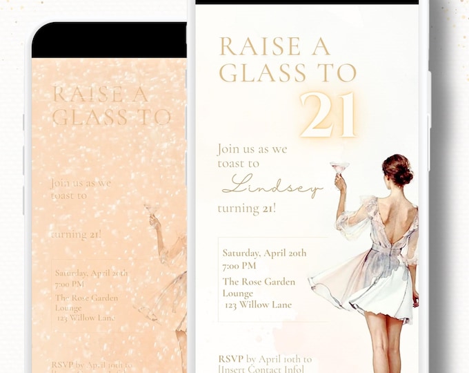 Animated 21st Birthday Invitation (Instant Download Editable Canva Template) Raise a Glass Champagne Theme Evite for WhatsApp or Text