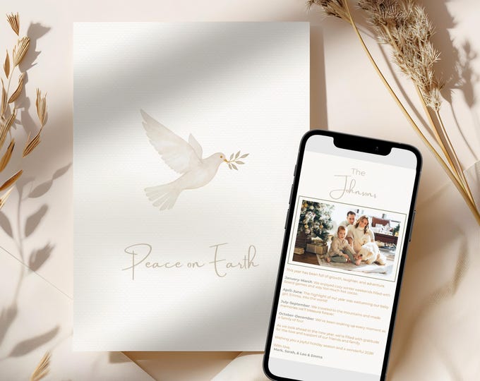 Editable Christmas Card with Newsletter - Christian Peace on Earth Dove Canva Template, Printable or Digital Holiday Greeting