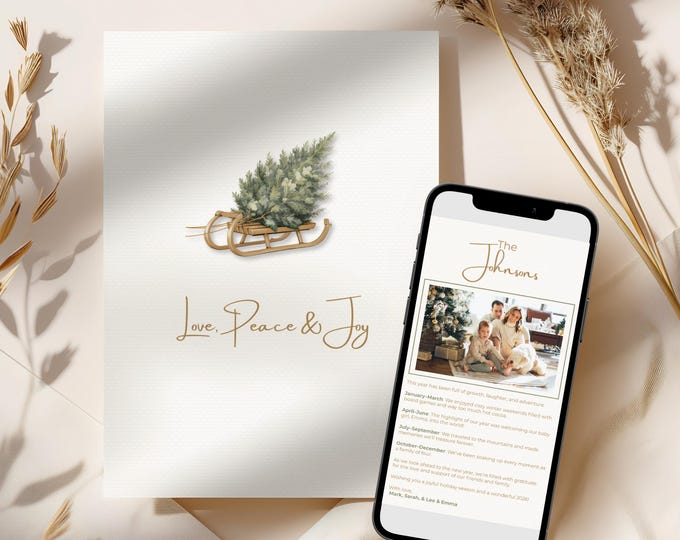 Editable Christmas Card with Newsletter - Modern Minimalist Tree Holiday Card Template, Canva Printable or Digital Family Greeting
