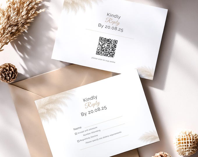 Modern RSVP Card Template – Digital Download - Elegant Wedding Response Card - Printable RSVP with QR Code & Traditional Version