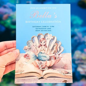 Afdrukbare zeemeermin verjaardagsuitnodiging - digitale aangepaste verhalenboek Under the Sea-feestuitnodiging (bewerkbare instant download Canva-sjabloon Evite)