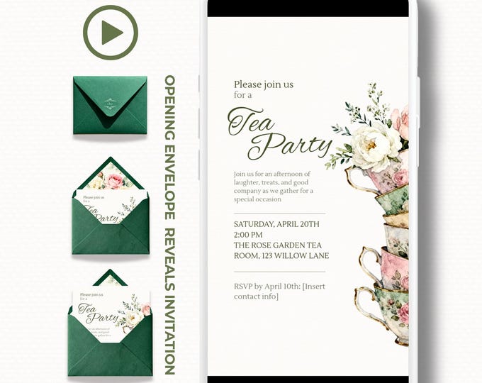 Animated Tea Party Invitation, Digital Evite (Instant Download Customizable Canva Template) Send via WhatsApp or iMessage: Birthday, Garden