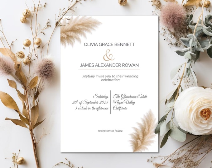 Modern Pampas Grass Wedding Invitation Template – Elegant Minimalist Editable Invite, Boho Neutral Wedding, Instant Download Canva Template