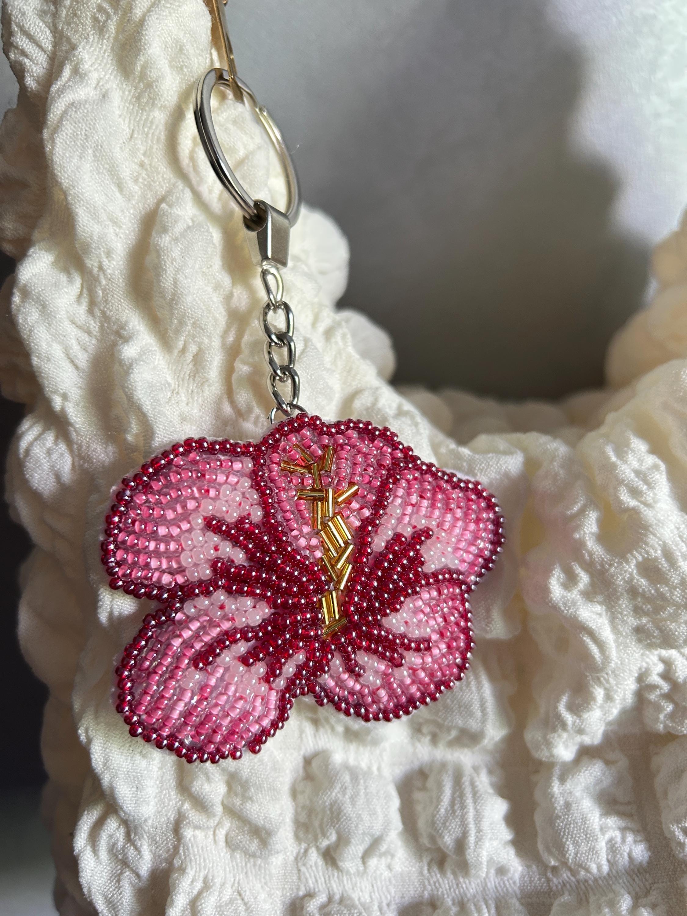 Flower Beaded Embroidery Keychain: Handmade Hibiscus Bag Charm - Etsy
