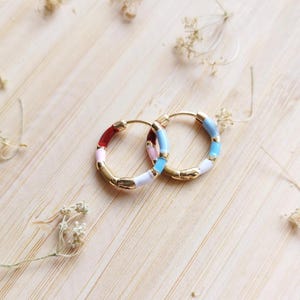 Burgundy Enamel Hoop Earrings: Gold Huggies, Vintage Style