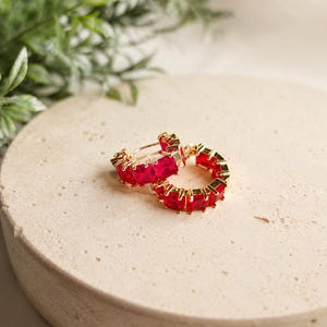 Op de afbeelding: Een paar gouden oorringen met een reeks vierkant geslepen, felrode edelstenen langs de buitenrand van elke ring. De oorbellen hebben een gepolijste metalen afwerking en zijn voorzien van een scharniersluiting voor veilig dragen.