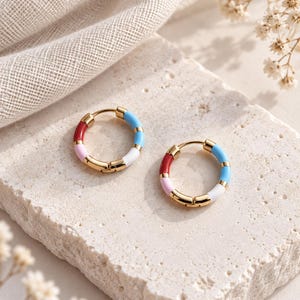 Può includere: Un paio di orecchini a cerchio dorati con segmenti alternati in metallo dorato lucido e sezioni in smalto colorato rosso, azzurro, bianco e rosa tenue. I cerchi presentano un meccanismo di chiusura a cerniera e una finitura liscia.