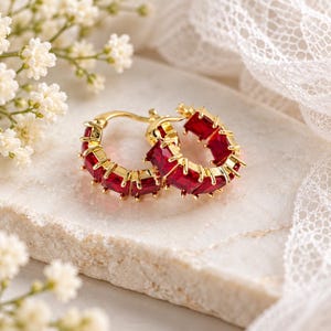 Ruby Red Crystal Hoop Earrings 14K Gold Plated Gold Hoops Red Crystal Earrings  Gift for Her Sparkly Christmas Jewelry