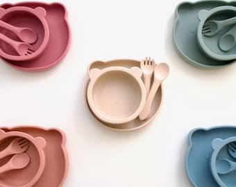 Bear Weaning Set (Plate, Bowl, Spoon & Fork) - ether blue, sage, muted orange, beige