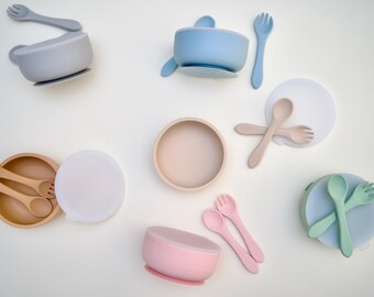 Silicone Bowl Suction Set with Lid, Spoon & Fork - pink, beige, blue, mint, grey, clay