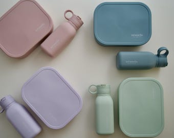 Silicone Lunch Box Set with Drink Bottle & Cutlery | BPA-Free, pink, blue, mint, lilac