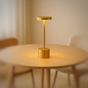 May include: A gold-colored, modern table lamp with a cylindrical base, a slender stem, and a circular top. The lamp is illuminated, casting a warm, inviting glow. The lamp is sitting on a wooden table.