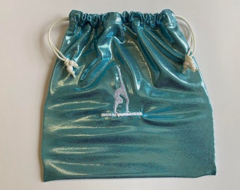 GYMNAST GRIP BAG turquoise blue mystique foil w/ white gymnast figure *ready to ship* Gymnast Birthday gift present