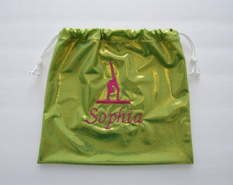 Sophia Personalized GYMNASTICS GRIP BAG lime mystique w/ hot pink gymnast & name Sophia already on it ! match 2 ur leotard gym Birthday gift