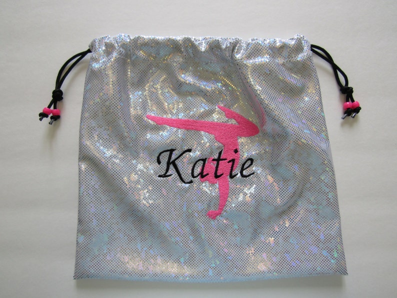 Personalized monogram embroidered GYMNASTICS GRIP BAG w/ this large gymnast design match your team leotard /colors birthday gift / present image 2