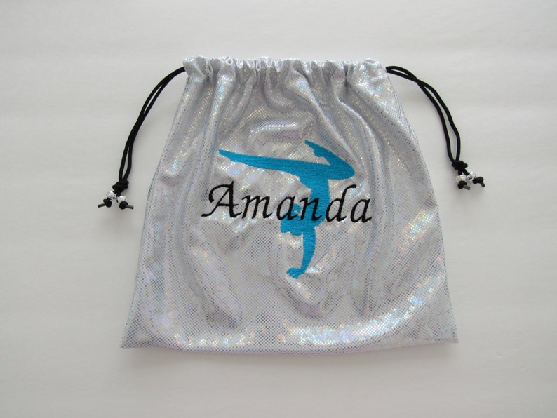 Personalized monogram embroidered GYMNASTICS GRIP BAG w/ this large gymnast design match your team leotard /colors birthday gift / present image 1