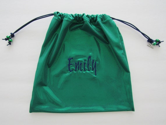 Emily Personalized GYMNASTICS GRIP BAG w/ charm~kelly green foil mystique  w/ navy blue name-match ur leotard Gymnast Birthday gift present