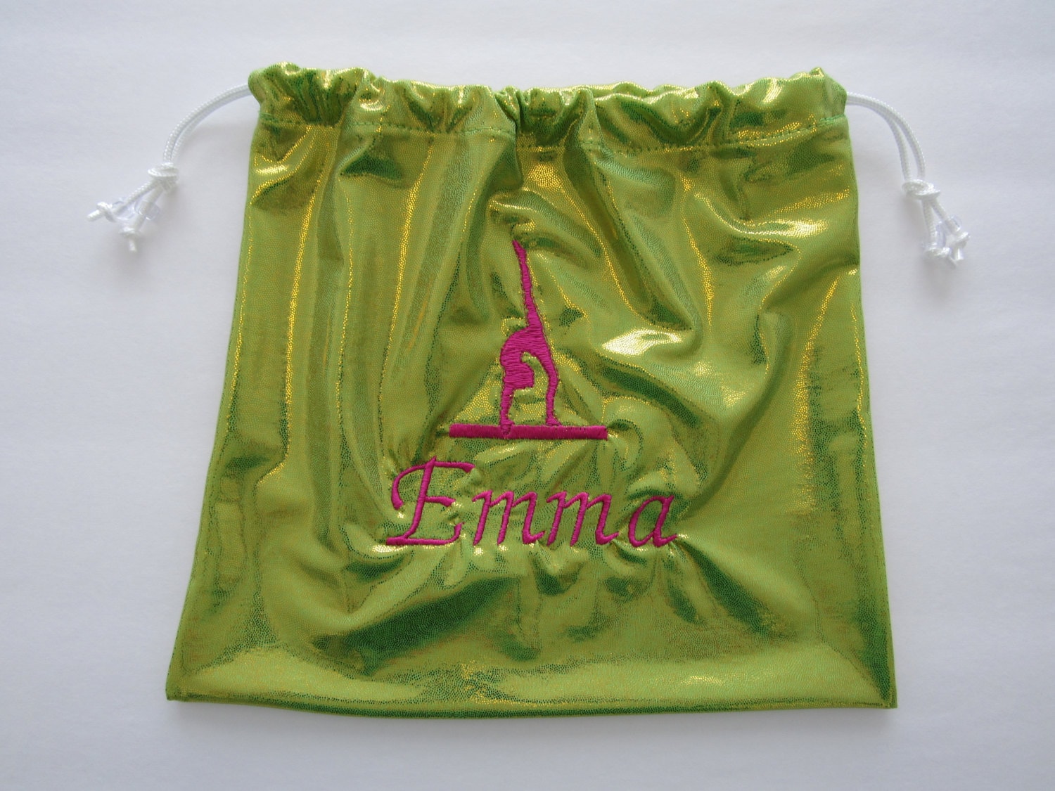 Emma Personalized GYMNASTICS GRIP BAG Lime Mystique W/ Hot Pink Gymnast &  Name Emma Already on It Match 2 Ur Leotard Birthday Gift Present 