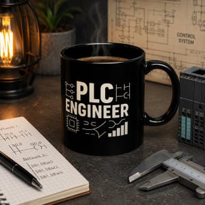 Peut inclure: Un mug en céramique noir avec le texte blanc PLC ENGINEER entouré de divers schémas et symboles techniques. Le mug contient un liquide sombre avec de la vapeur visible s'élevant du dessus, indiquant une boisson chaude à l'intérieur.
