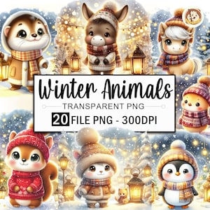 Watercolor Winter Animals Clipart, 20 PNG Christmas Animal Clipart, Xmas Decoration Png Bundle, Christmas Clipart, Commercial Use